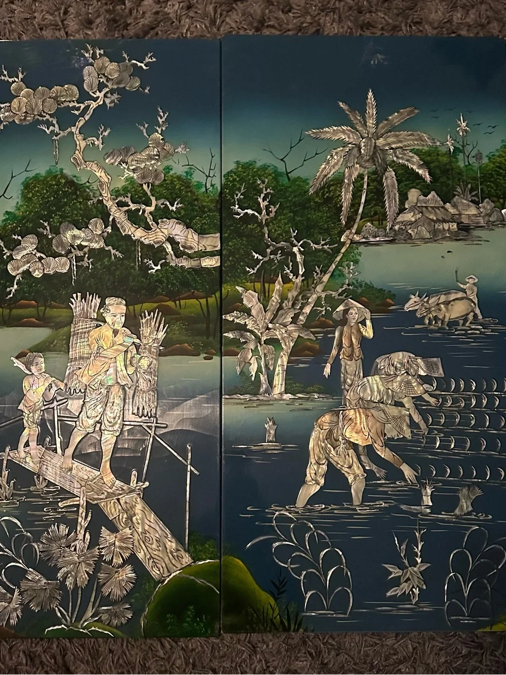 Vintage 4-Panel Vietnamese Laquer & Mother of Pearl Wall Decor 32x64